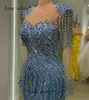 African Fi Blue Pearls kralen LG Mouwen avond Dres Mirror Crystals Ad Ceremy Events Gala Party Jurken L5XF#