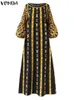 Vonda Plus Size 5XL DR Women LG Maxi Sundr 2024 O-neck Printed Castary Bohemian Robe Femme Lantern Sleeve Party Vestido L3LR＃