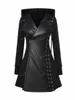 Rosegal Plus Size Gothic PU Panel Kapuzenmäntel Schwarz Slim Outwear Umlegekragen Schnürung Geflochtene Öse Seitlicher Reißverschluss Jackenmantel U7cV #