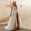 Bohemian Spaghetti Beach Wedding Dresses Side High Slit Long Tulle Bridal Gowns Lace Appliques Sweetheart Sleeveless Summer Boho Bride Dress