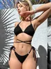 Women's Swimwear 2023 Solid Color Snake Cloth Lace Up Swimsuit Female Swimwear Women Bikini Set Bather Swimming Beachwear for Bathing Suit T240328