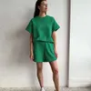 Pantalones de dos piezas para mujer, traje verde, pantalones cortos con camiseta y Top holgado de talla grande, conjunto de verano 100 algodón, chándal clásico informal