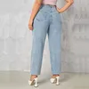 Plus la taille des femmes jeans automne bleu foncé 175cm de hauteur extensible et ample aile droite 6XL 100kgs courbe dame mince dame denim pantalon 24KI #