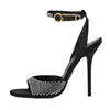 Sapatos de vestido preto cristal embelezado couro ouro tornozelo cinta fivela salto alto sandálias de casamento mulheres stiletto salto festa de verão