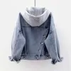 blue Adjustable Hooded Denim Jacket Women Loose Butt Patchwork Outwear Jean Coat Female plus veet overcoat m tops thicken j4Vt#