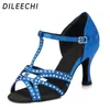 Chaussures de danse DILEECHI rouge bleu Bronze noir Satin Spot femme Latin Party Salsa carré avec ou sans strass 7.5cm