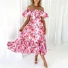 Casual Dresses European och American Platform Border Spring Summer Neck Printed Puff Kjol Sleeve Dress for Women Elegant