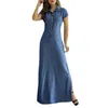 Womens Summer Butt FRT FLARED Denim Maxi-LG DR med fickor Kort ärm Turn-down-krage A-LINE-skjorta Drop Ship M77F#