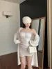 Robes décontractées Spicy Girl Bra Wrap Robe de hanche Femmes Coréenne Peluche Polaire Splice Shirring Mode Célébrité Solide Slim Hiver Femelle Wear