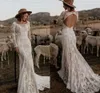 Modern Long Sleeve Boho Country Hippie Gothic Wedding Dresses Mermaid Lace Appliques Scoop Neck Bridal Gowns Backless Robes De Mariee C G