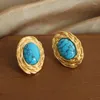 Hoop Earrings French Style Retro Fashion High-Grade Light Luxury Natural Turquoise Ornament Titanium Steel Gold Plated Oval For W