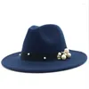 Berets Hat Wool Fedora Hawkins Felt Cap Wide Brim Ladies Trilby Chapeu Feminino Women Pearls Jazz Godfather Sombrero Caps