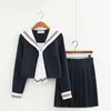 Nuevo traje japonés de la universidad de las muchachas coreanas JK falda plisada de manga corta uniformes escolares conjuntos traje de la muchacha de la escuela traje de marinero negro r1lu #