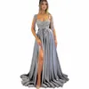 sexy Sweetheart Evening Dres Lg Glitter Sequin Slit Satin Gorgeous A Line Formal Prom Party Gown with Straps f5pb#
