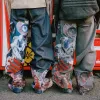 Европейские и американские уличные хип-хоп тяжелые джинсы с принтом в стиле ретро Y2k Широкие брюки Джинсы с готическим разрезом O3ho #