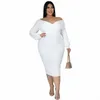 cm.yaya Automne Hiver Plus Taille Femmes Hors Épaule Lg Manches Plongeant Col En V Bodyc Midi Dr Élégant Sexy Party Dres R1FU #