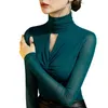 Women's Blouses Women Blouse Turtleneck Cross Knot Hollow Out Bottoming Skin-Touch Elastic Mesh Yarn Yoga Top For Spring Autumn