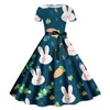 easter Dres Short Sleeve Round Neck Loose A-Line Ruched Easter Cute Rabbit Print Maxi Dr For Women 2024 Women Summer Dr h3Xp#