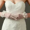 Eleganckie koronki z kości słoniowej krótkie damskie rękawiczki ślubne Cosplay Party Gloves Wedding Acories z kokardą długość nadgarstka Rękawiczki ślubne V0MD#