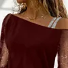 Plus Size oversize donna autunno sexy pizzo maglia manica Lg T-shirt top donna spalle scoperte camicetta casual abbigliamento di alta qualità p1CC #