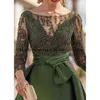 vintage Olive Green Evening Dres Lg Sleeve Lace Beaded Mermaid Dr For Women Frt Slit Formal Prom Gown Vestidos Fiesta 26Dc#