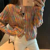hdspq New Rainbow Color Cardigan with Butts 2023 Autumn Winter Korean Fi Lg Sleeve Knit Cardigan Women Loose Sweaters N4do#