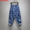 Frauen Jeans Vintage Herbst 2024 Cargo Elastische Hohe Taille Lose Multi-Pocket Daddy Weibliche Denim Knöchel-länge Hosen