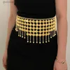 Midjekedjebälten Etnisk retro Metall Belly Chain Womens Dress Belt Chain Geometric Coin Long Tassel Indian Body Jewelry Chain Y240329