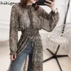 Blusas femininas 2024 blusas mujer de mdoa chique para mulheres cintura fina chiffon leopardo camisas de manga longa com zíper ver através blusa topos