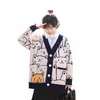 2023 Autumn/Winter New in Cat Pattern Jacquard Knit Women LG Cardigan Loose Sticked V-Neck Fi Sweater 24ky#