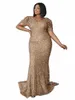 Missord Gold Sequingin Plus Size Party Dresエレガントな女性vネックパフスリーブボウノットボディCマキシマーイド博士lgプロムガウンJ7S5＃