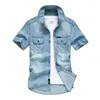 Chemises décontractées pour hommes Hommes Summer Retro Denim Coton droit Coton à manches courtes Jean Street Outdoor Cargo Plus Taille T-shirt bleu