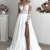 Elegante encaje con vestidos de boda divididos altos Sweetheart A-Line Chiff Apliques Simple Boho LG Vestidos De Noiva Vestidos de novia V3BC #