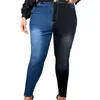 Retro-jeans met grote maten dames, grote maten colorblock skinny jeans met gesplitste kont, medium stretch p5bx#