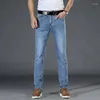 Mäns jeans 2024 Autumn Trousers Cotton Elasticity Skinny Business Casual Male Denim Slim Pants Classic Style Blue and Sky