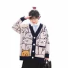 2023 Autumn/Winter New in Cat Pattern Jacquard Knit Women Lg Cardigan Loose Knitted V-neck Fi Sweater 65Rr#