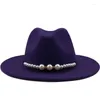 Berets Women Wool Simple Fedora Hat With Pearl Ribbon Gentleman Elegant Lady Winter herfst brede rand Panama Sombrero Cap
