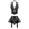 Set di reggiseni Set di lingerie da donna in pelle verniciata Look bagnato Clubwear Gilet con cerniera anteriore con minigonna con volant Perizoma incorporato Clip per reggicalze