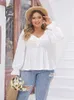 Gibsie Plus Size Sweetheart Neck Knot Frt White Shirt Women LG Sleeve Shirts Tops Sweet Vintage Ladies Peplum Blouse 2024 G7mi＃