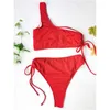 Women's Swimwear Red Bikini Drawstring Swimsuit Strappy Thong One-shoulder Ribbed Beach Outfits Women Bathing Suit Bikinis Set Swimsuits