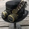 Bérets Steampunk Top Hat Laine Feutre Victorien Avec Lunettes Plume Unisexe Costume Gothique Hippies Cosplay Accessoires