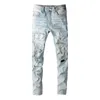 2024 New Blue Skinny Jeans pour hommes Stretch Slim Fit Ripped Distred Plissé Genou Patch Sticking Drill Denim Pantalon B2te #