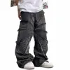 2023 Cyber ​​Y2K Streetwear Black Baggy staplade jeans byxor män kläder rakt lös punk gamla denim byxor pantales hombre v7op#