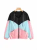 Frauen LG Sleeve Zipper Taschen Casual Sport Mantel Multi Color Cut und Nähen Windjacke mit Kapuze Farbblock Mäntel I8NV #