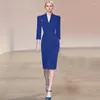 Vestidos casuais 2024 moda runway primavera mulheres v-pescoço colarinho 3/4 manga beading slim senhora escritório azul split