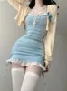 Y2k Mini abito con cinturino sexy Set donna aderente corsetto sottile in pizzo Kawaii Halter blu gonna a due pezzi abiti moda coreana 240329