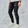 nuovi uomini alla moda jeans skinny strappati High street stile hip hop maschile fori slim matita solida pantaloni in denim pantaloni F7vq #