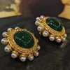 Boucles d'oreilles à tige pour femmes françaises, Vintage, verre vert, élégant, Style cour médiévale