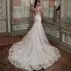 Luxury Mermaid Wedding Dr 2024 Kort ärmar LACE APPLIKES Elegant båthals Brudklänning illusi Backl Butt Train P1FR#