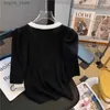 T-shirt Femme 2023 Été Coréen Chandails tricotés Hauts à manches courtes Col en V Vintage Mode Bureau Pull Pulls Femme Ropa Mujer vêtements24329